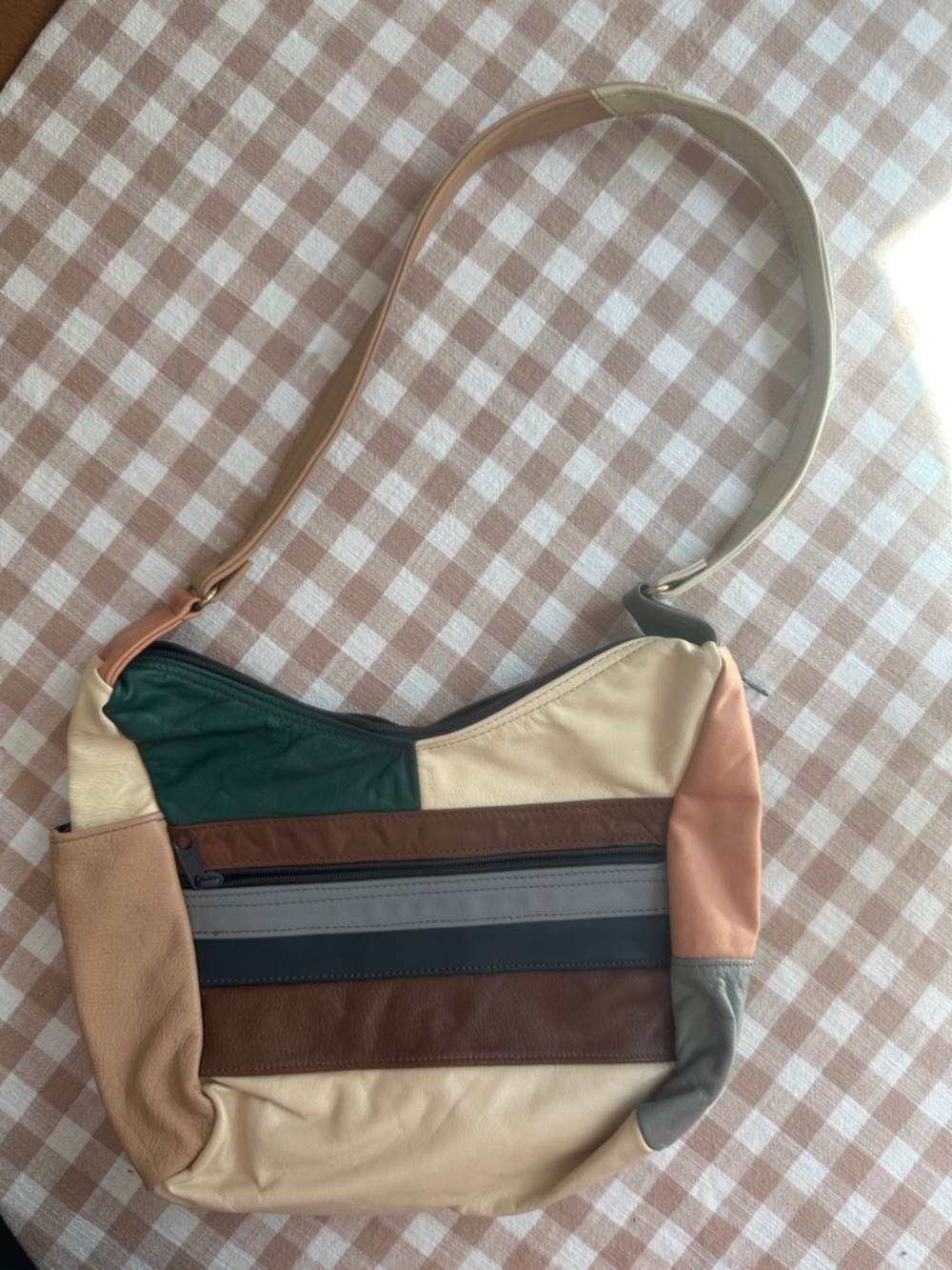 Multi-Color Leather Shoulder Bag - Cream, Brown & Green